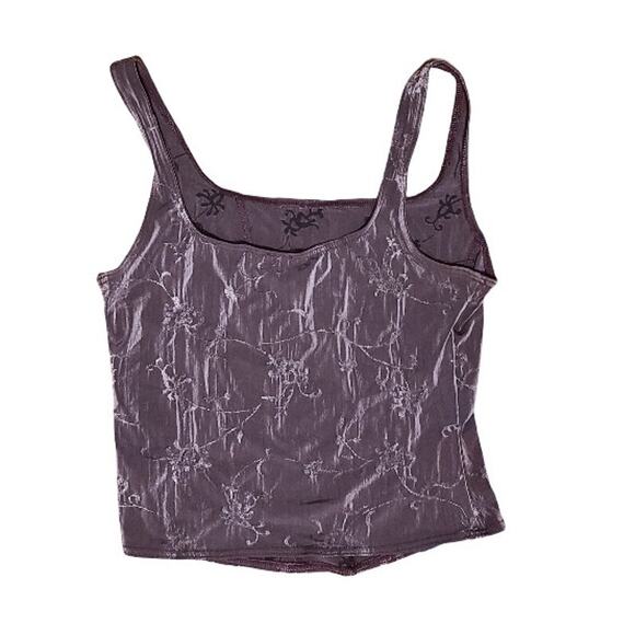 Purple Floral Metallic Shimmer Romantic Stretch Tank Top - Picture 2 of 3